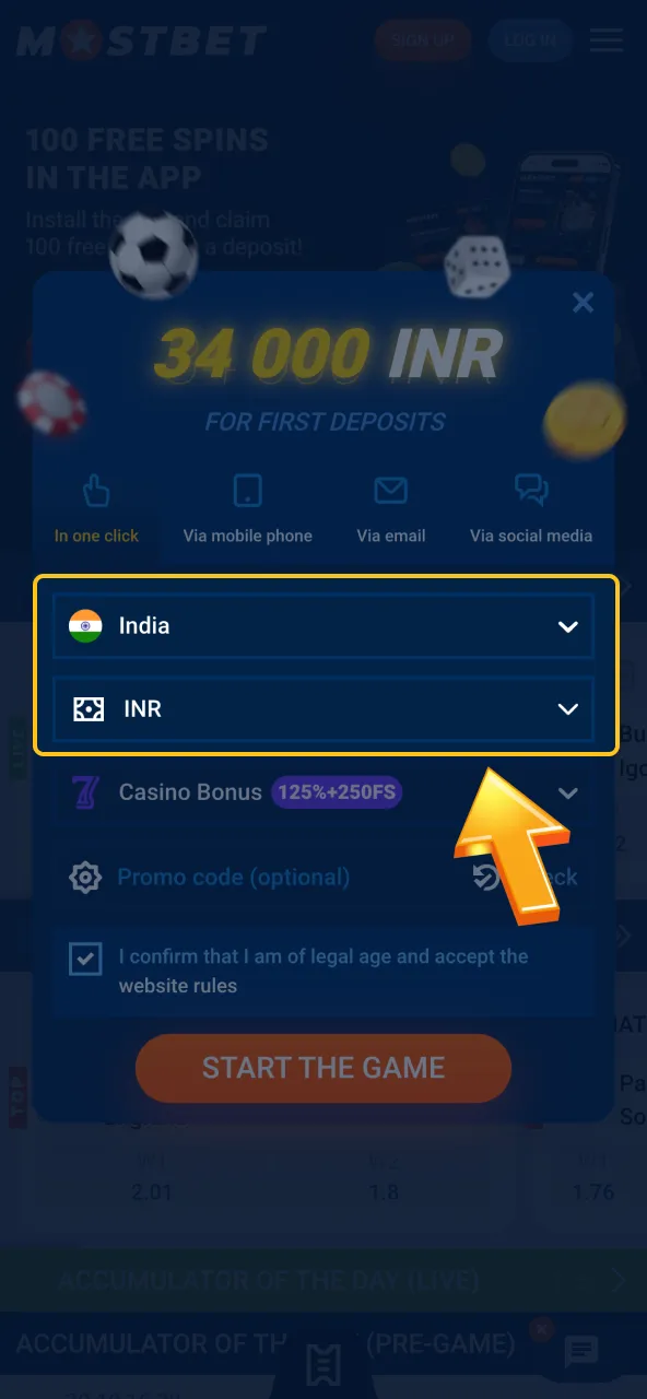 Enter India and INR on Mostbet form.