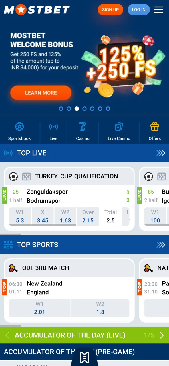 Main interface of Mostbet app with colorful icons and navigation bar.