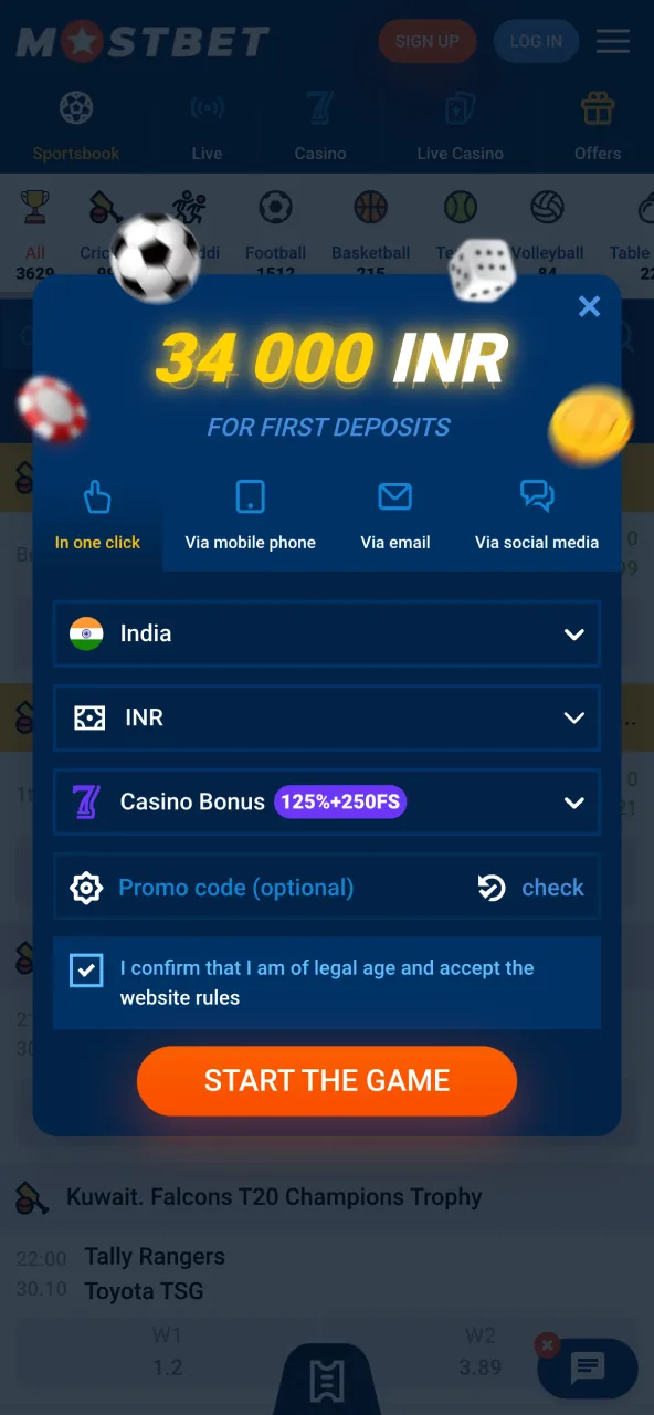 Mostbet registration interface with email, phone, and social login choices.