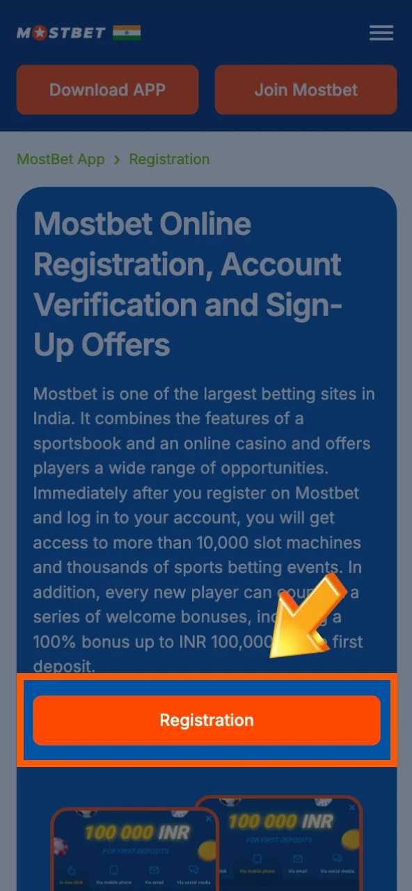 Use the official website to Open the Registration Form at Mostbet.